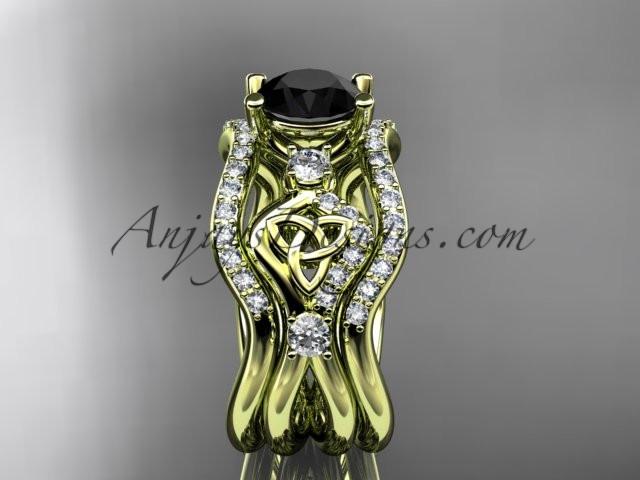 14kt yellow gold celtic trinity knot engagement ring, wedding ring with a Black Diamond center stone and double matching band CT768S - AnjaysDesigns