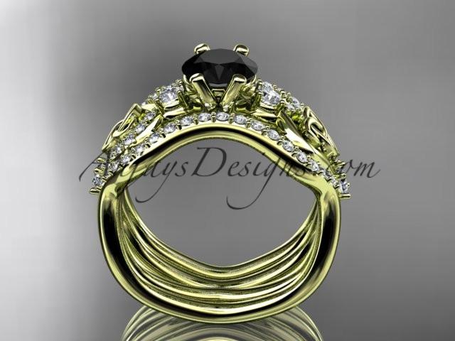 14kt yellow gold celtic trinity knot engagement ring, wedding ring with a Black Diamond center stone and double matching band CT768S - AnjaysDesigns