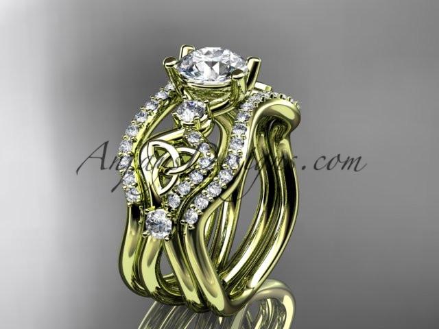 14kt yellow gold celtic trinity knot engagement ring, wedding ring with a "Forever One" Moissanite center stone and double matching band CT768S - AnjaysDesigns