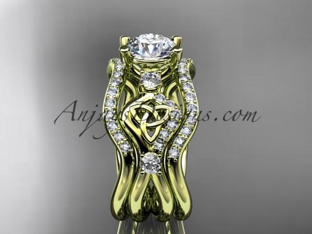 14kt yellow gold celtic trinity knot engagement ring, wedding ring with a "Forever One" Moissanite center stone and double matching band CT768S - AnjaysDesigns