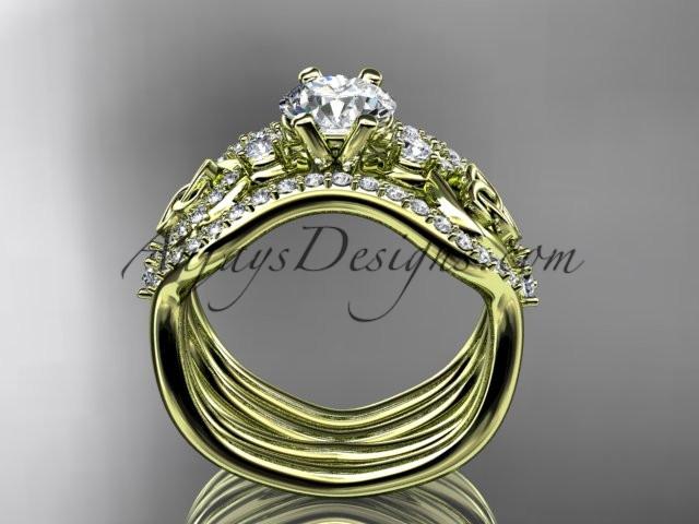 14kt yellow gold celtic trinity knot engagement ring, wedding ring with a "Forever One" Moissanite center stone and double matching band CT768S - AnjaysDesigns