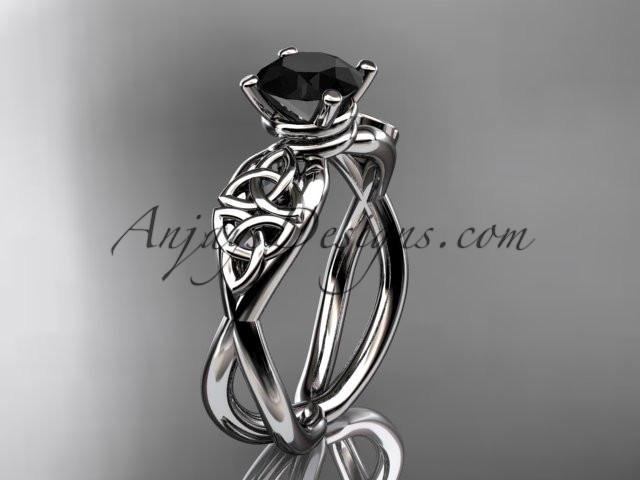 14kt white gold celtic trinity knot engagement ring, wedding ring with a Black Diamond center stone CT770 - AnjaysDesigns
