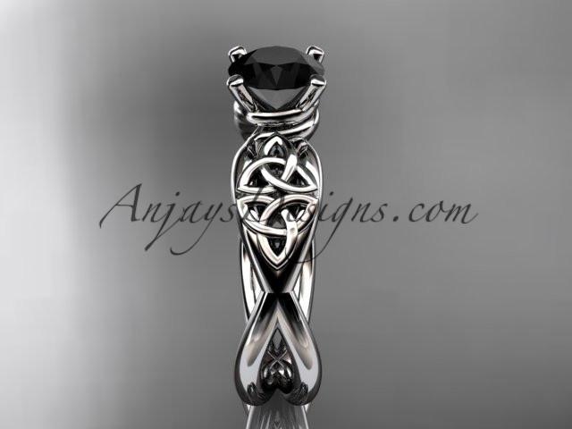 14kt white gold celtic trinity knot engagement ring, wedding ring with a Black Diamond center stone CT770 - AnjaysDesigns