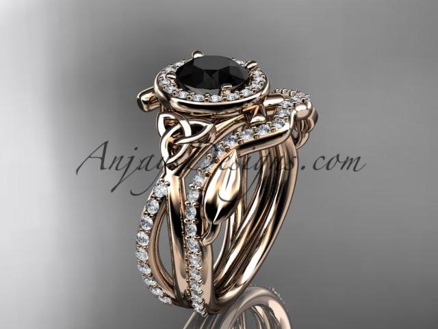 14kt rose gold celtic trinity knot engagement set, wedding ring with a Black Diamond center stone CT789S - AnjaysDesigns