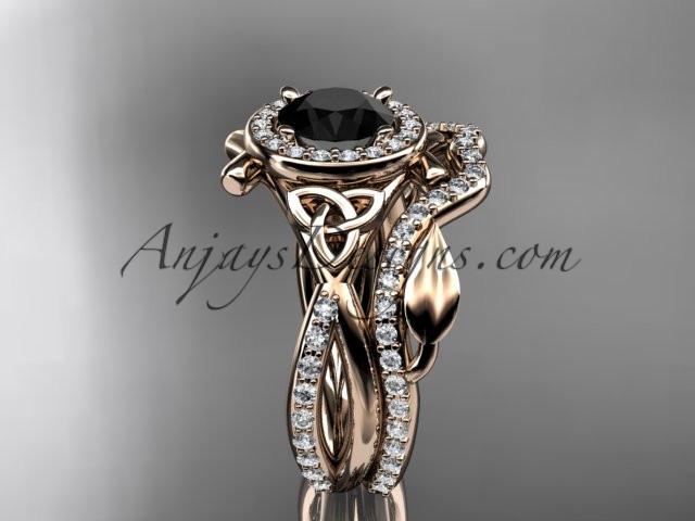 14kt rose gold celtic trinity knot engagement set, wedding ring with a Black Diamond center stone CT789S - AnjaysDesigns