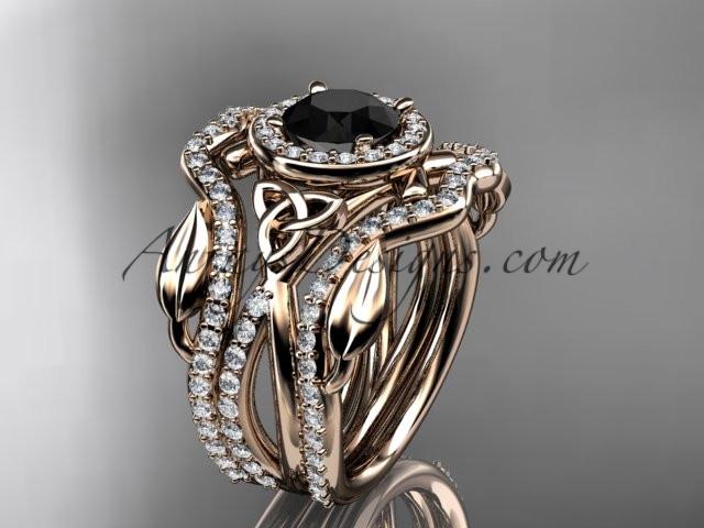 14kt rose gold celtic trinity knot engagement ring, wedding ring with a Black Diamond center stone and double matching band CT789S - AnjaysDesigns