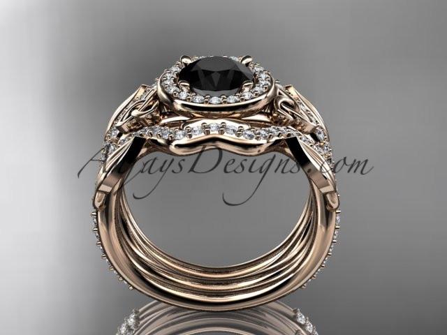 14kt rose gold celtic trinity knot engagement ring, wedding ring with a Black Diamond center stone and double matching band CT789S - AnjaysDesigns