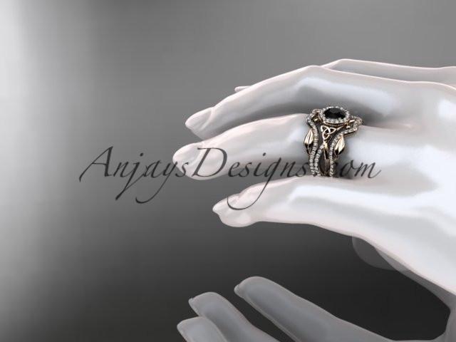 14kt rose gold celtic trinity knot engagement ring, wedding ring with a Black Diamond center stone and double matching band CT789S - AnjaysDesigns