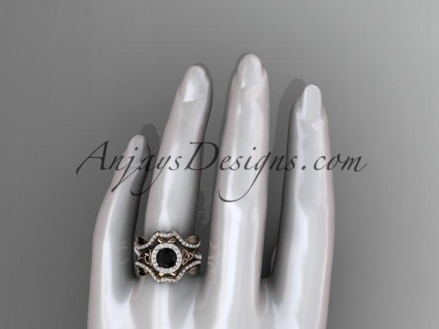 14kt rose gold celtic trinity knot engagement ring, wedding ring with a Black Diamond center stone and double matching band CT789S - AnjaysDesigns