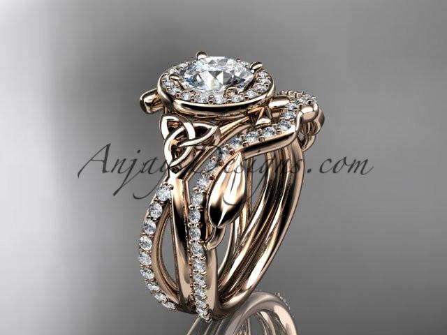 14kt rose gold celtic trinity knot engagement set, wedding ring with a "Forever One" Moissanite center stone CT789S - AnjaysDesigns