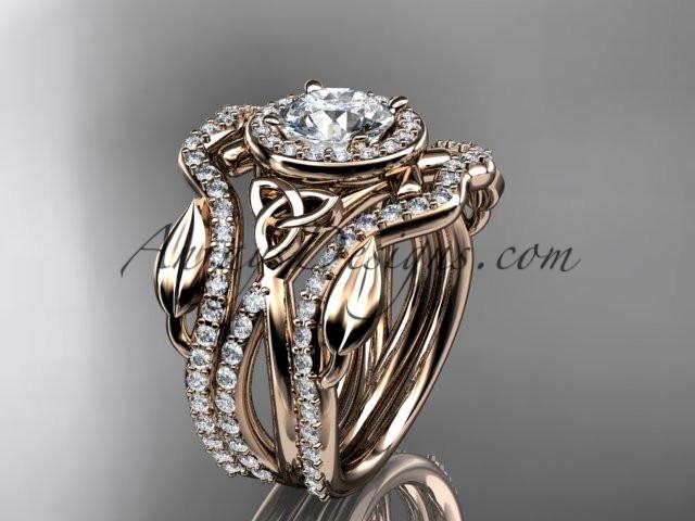 14kt rose gold celtic trinity knot engagement ring, wedding ring with a "Forever One" Moissanite center stone and double matching band CT789S - AnjaysDesigns