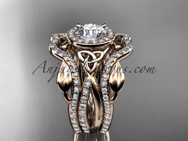 14kt rose gold celtic trinity knot engagement ring, wedding ring with double matching band CT789S - AnjaysDesigns
