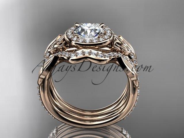 14kt rose gold celtic trinity knot engagement ring, wedding ring with a "Forever One" Moissanite center stone and double matching band CT789S - AnjaysDesigns