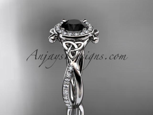 14kt white gold celtic trinity knot engagement ring, wedding ring with a Black Diamond center stone CT789 - AnjaysDesigns