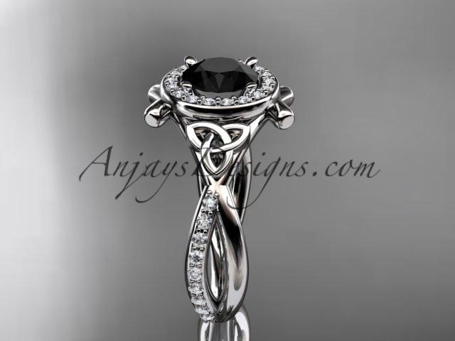 platinum celtic trinity knot engagement ring, wedding ring with a Black Diamond center stone CT789 - AnjaysDesigns