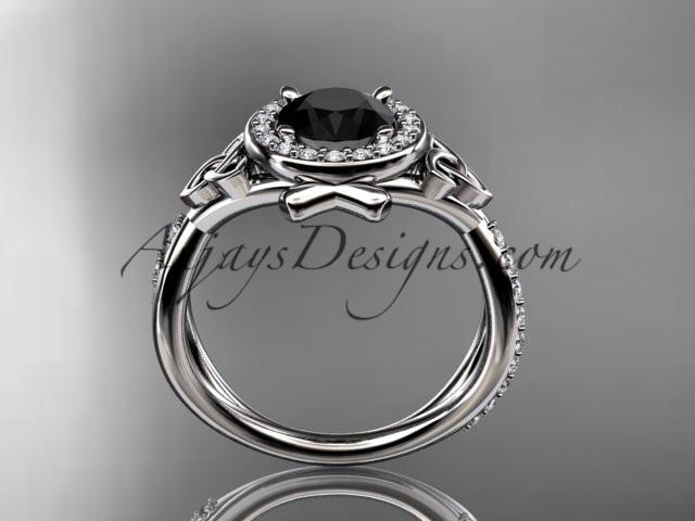 14kt white gold celtic trinity knot engagement ring, wedding ring with a Black Diamond center stone CT789 - AnjaysDesigns