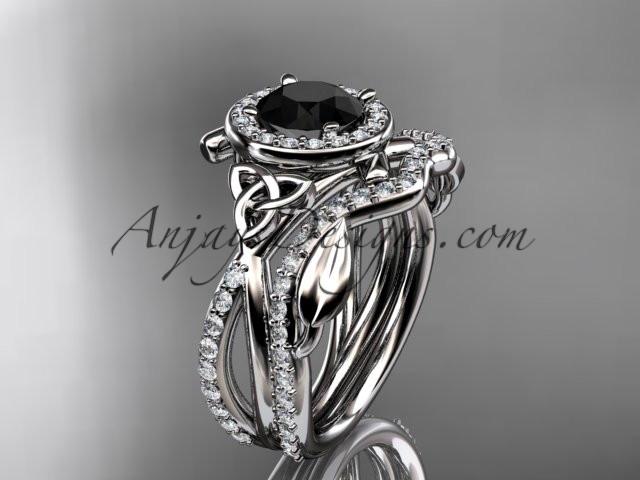 platinum celtic trinity knot engagement set, wedding ring with a Black Diamond center stone CT789S - AnjaysDesigns