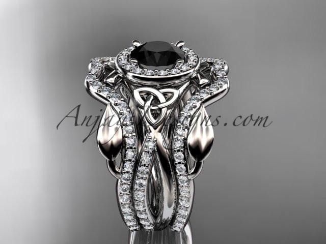 platinum celtic trinity knot engagement ring, wedding ring with a Black Diamond center stone and double matching band CT789S - AnjaysDesigns