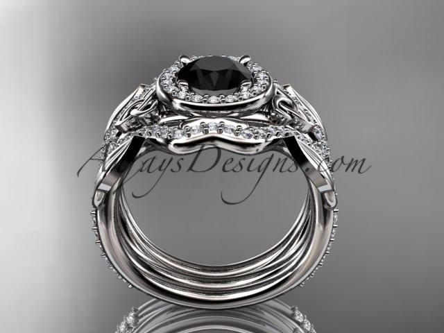platinum celtic trinity knot engagement ring, wedding ring with a Black Diamond center stone and double matching band CT789S - AnjaysDesigns