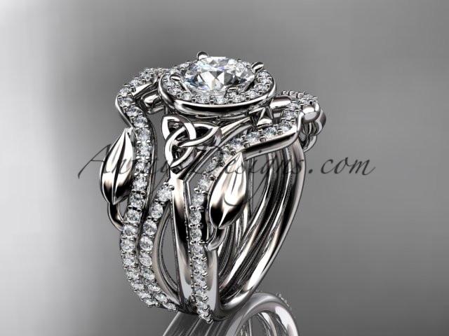 platinum celtic trinity knot engagement ring, wedding ring with a "Forever One" Moissanite center stone and double matching band CT789S - AnjaysDesigns