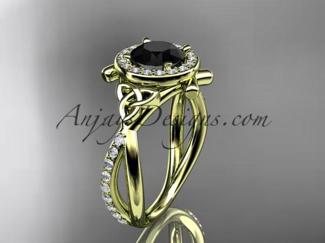 14kt yellow gold celtic trinity knot engagement ring, wedding ring with a Black Diamond center stone CT789 - AnjaysDesigns