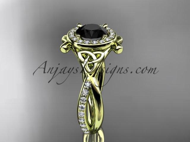 14kt yellow gold celtic trinity knot engagement ring, wedding ring with a Black Diamond center stone CT789 - AnjaysDesigns