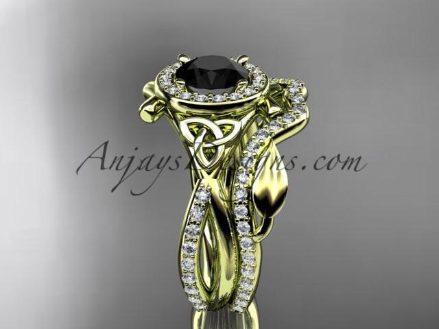 14kt yellow gold celtic trinity knot engagement set, wedding ring with a Black Diamond center stone CT789S - AnjaysDesigns