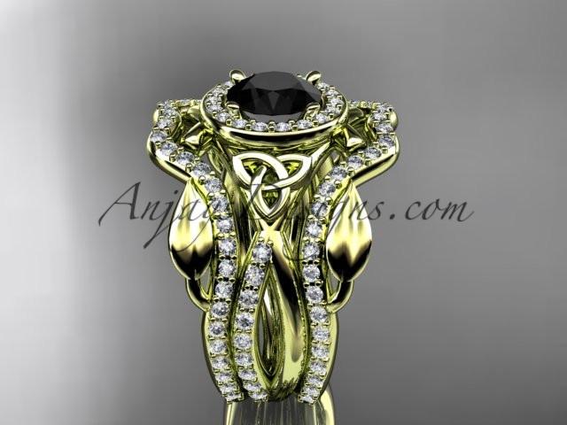 14kt yellow gold celtic trinity knot engagement ring, wedding ring with a Black Diamond center stone and double matching band CT789S - AnjaysDesigns