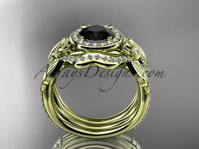 14kt yellow gold celtic trinity knot engagement ring, wedding ring with a Black Diamond center stone and double matching band CT789S - AnjaysDesigns