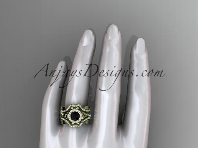 14kt yellow gold celtic trinity knot engagement ring, wedding ring with a Black Diamond center stone and double matching band CT789S - AnjaysDesigns