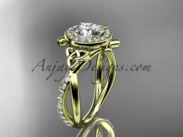 14kt yellow gold celtic trinity knot engagement ring, wedding ring with a "Forever One" Moissanite center stone CT789 - AnjaysDesigns