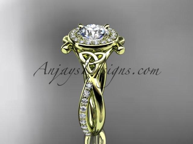 14kt yellow gold celtic trinity knot engagement ring, wedding ring with a "Forever One" Moissanite center stone CT789 - AnjaysDesigns