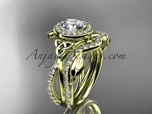 14kt yellow gold celtic trinity knot engagement set, wedding ring with a "Forever One" Moissanite center stone CT789S - AnjaysDesigns