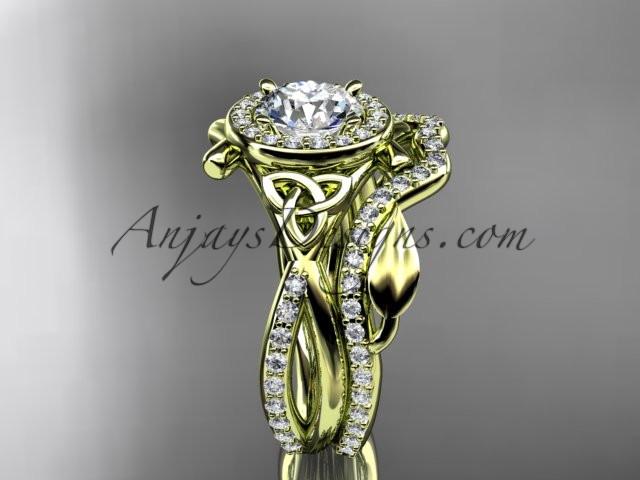 14kt yellow gold celtic trinity knot engagement set, wedding ring with a "Forever One" Moissanite center stone CT789S - AnjaysDesigns