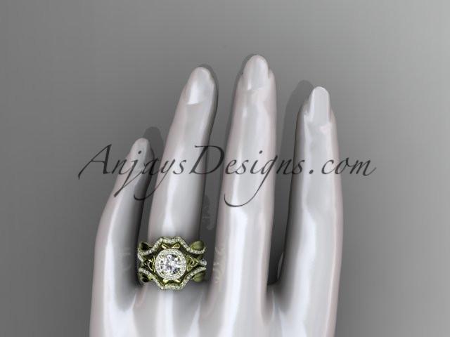 14kt yellow gold celtic trinity knot engagement ring, wedding ring with a "Forever One" Moissanite center stone and double matching band CT789S - AnjaysDesigns