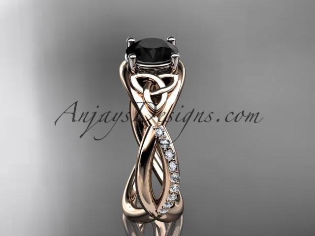 14kt rose gold celtic trinity knot engagement ring, wedding ring with a Black Diamond center stone CT790 - AnjaysDesigns