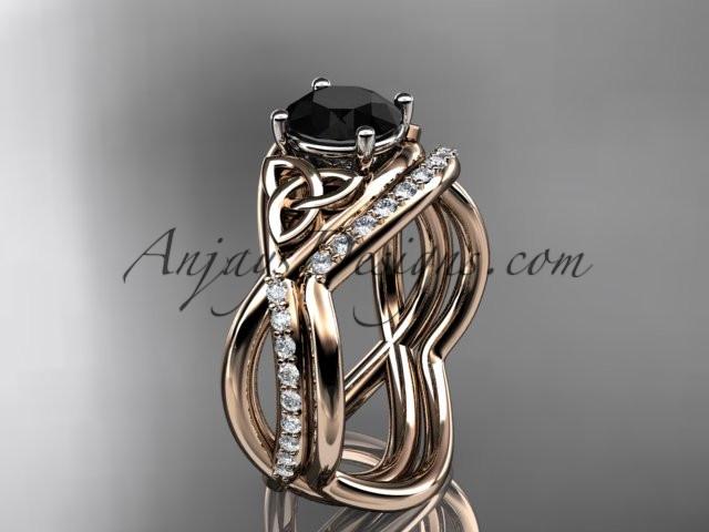 14kt rose gold celtic trinity knot engagement set, wedding ring with a Black Diamond center stone CT790S - AnjaysDesigns