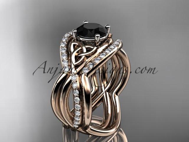 14kt rose gold celtic trinity knot engagement ring, wedding ring with a Black Diamond center stone and double matching band CT790S - AnjaysDesigns