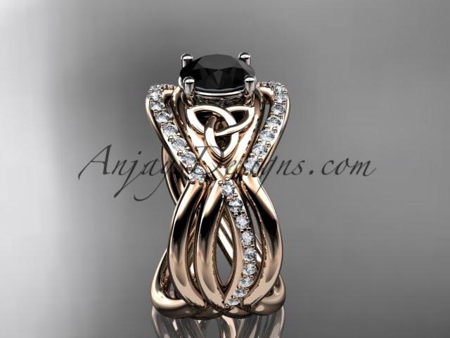 14kt rose gold celtic trinity knot engagement ring, wedding ring with a Black Diamond center stone and double matching band CT790S - AnjaysDesigns