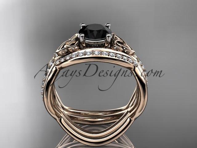 14kt rose gold celtic trinity knot engagement ring, wedding ring with a Black Diamond center stone and double matching band CT790S - AnjaysDesigns