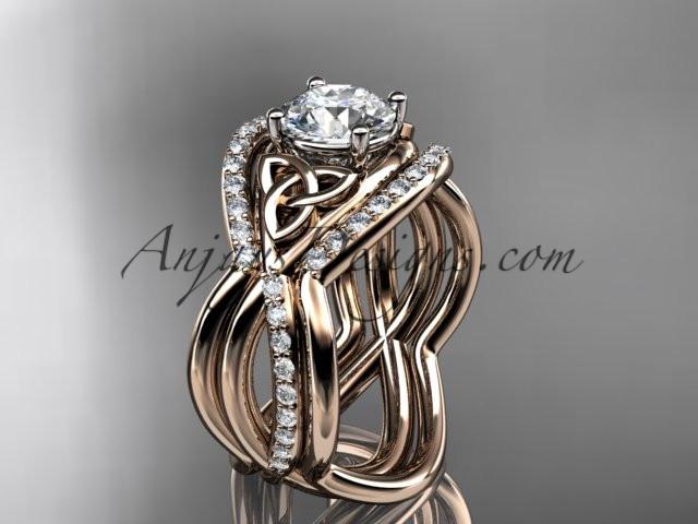 14kt rose gold celtic trinity knot engagement ring, wedding ring with a "Forever One" Moissanite center stone and double matching band CT790S - AnjaysDesigns