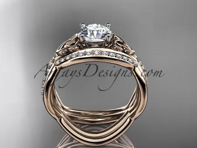 14kt rose gold celtic trinity knot engagement ring, wedding ring with a "Forever One" Moissanite center stone and double matching band CT790S - AnjaysDesigns