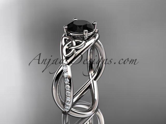 platinum celtic trinity knot engagement ring, wedding ring with a Black Diamond center stone CT790 - AnjaysDesigns