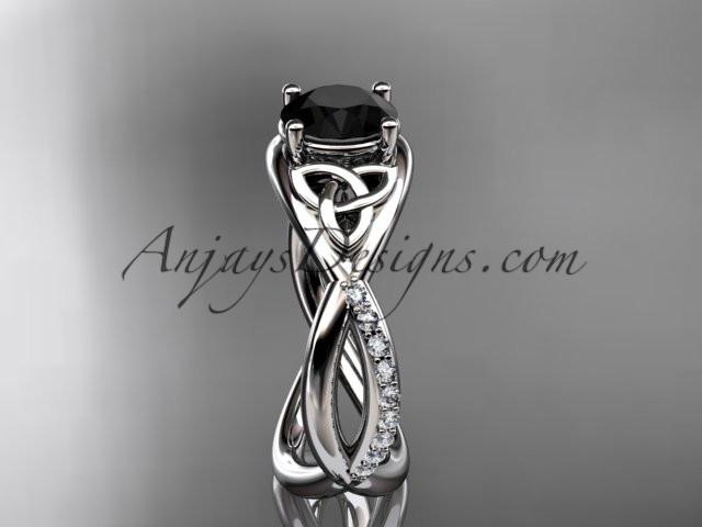14kt white gold celtic trinity knot engagement ring, wedding ring with a Black Diamond center stone CT790 - AnjaysDesigns