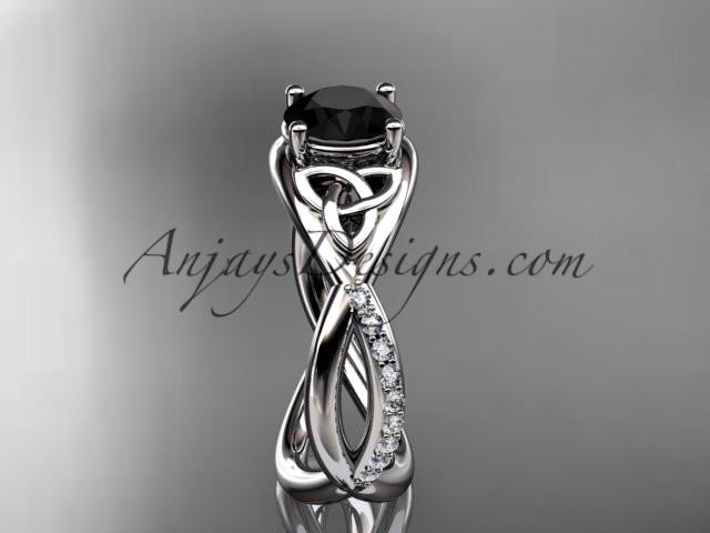 platinum celtic trinity knot engagement ring, wedding ring with a Black Diamond center stone CT790 - AnjaysDesigns