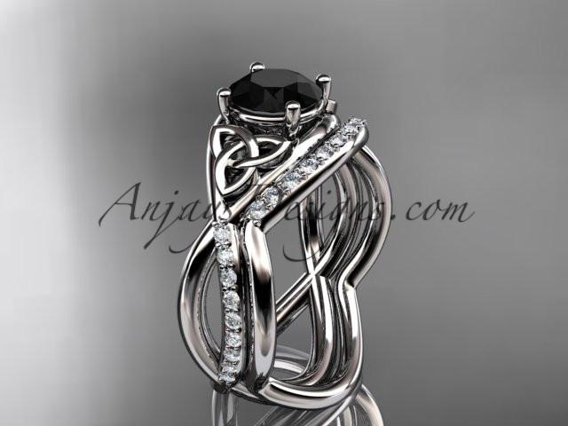platinum celtic trinity knot engagement set, wedding ring with a Black Diamond center stone CT790S - AnjaysDesigns