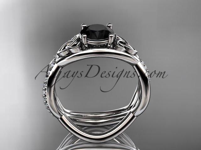 platinum celtic trinity knot engagement set, wedding ring with a Black Diamond center stone CT790S - AnjaysDesigns