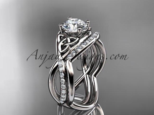 platinum celtic trinity knot engagement set, wedding ring with a "Forever One" Moissanite center stone CT790S - AnjaysDesigns
