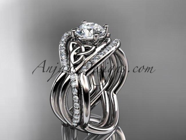 platinum celtic trinity knot engagement ring, wedding ring with a "Forever One" Moissanite center stone and double matching band CT790S - AnjaysDesigns