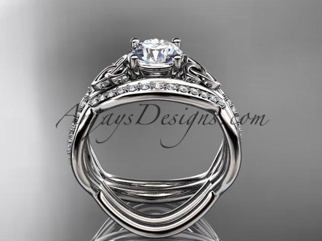 platinum celtic trinity knot engagement ring, wedding ring with a "Forever One" Moissanite center stone and double matching band CT790S - AnjaysDesigns